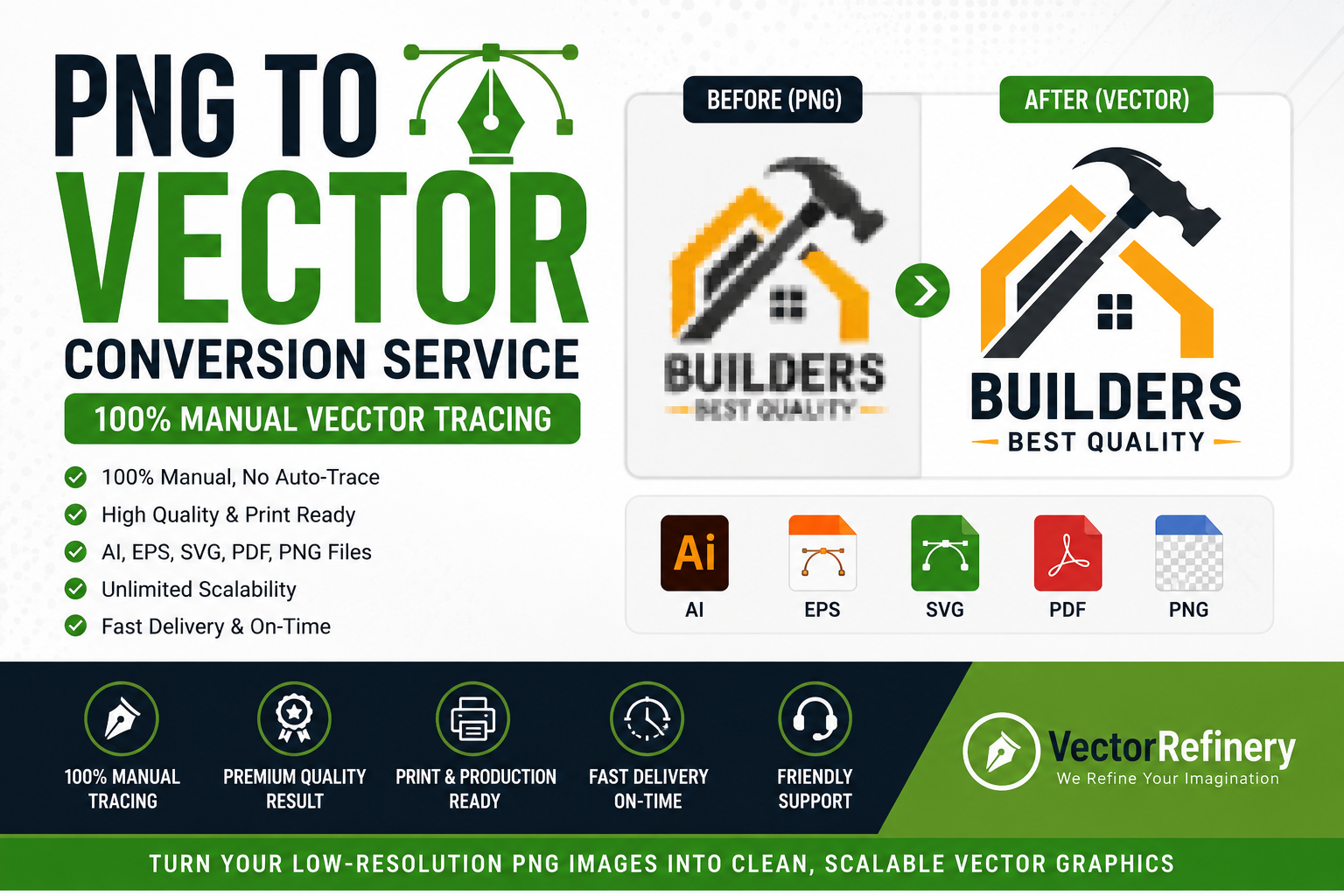 PNG to Vector Conversion Service showing a blurry PNG logo transformed into a clean scalable vector graphic with AI, EPS, SVG, PDF, and PNG file formats.