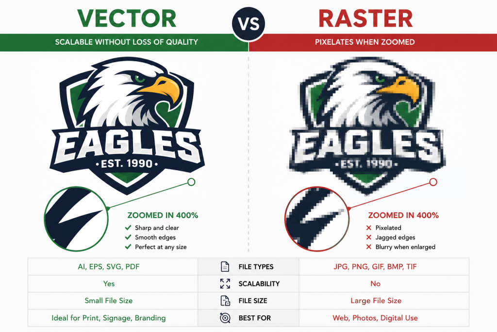 Vector vs Raster Comparison infographic showing a sharp, scalable vector logo beside a pixelated raster logo when zoomed to 400%. The chart highlights key differences in image quality, scalability, file size, file formats, and best use cases for print, branding, and digital media.