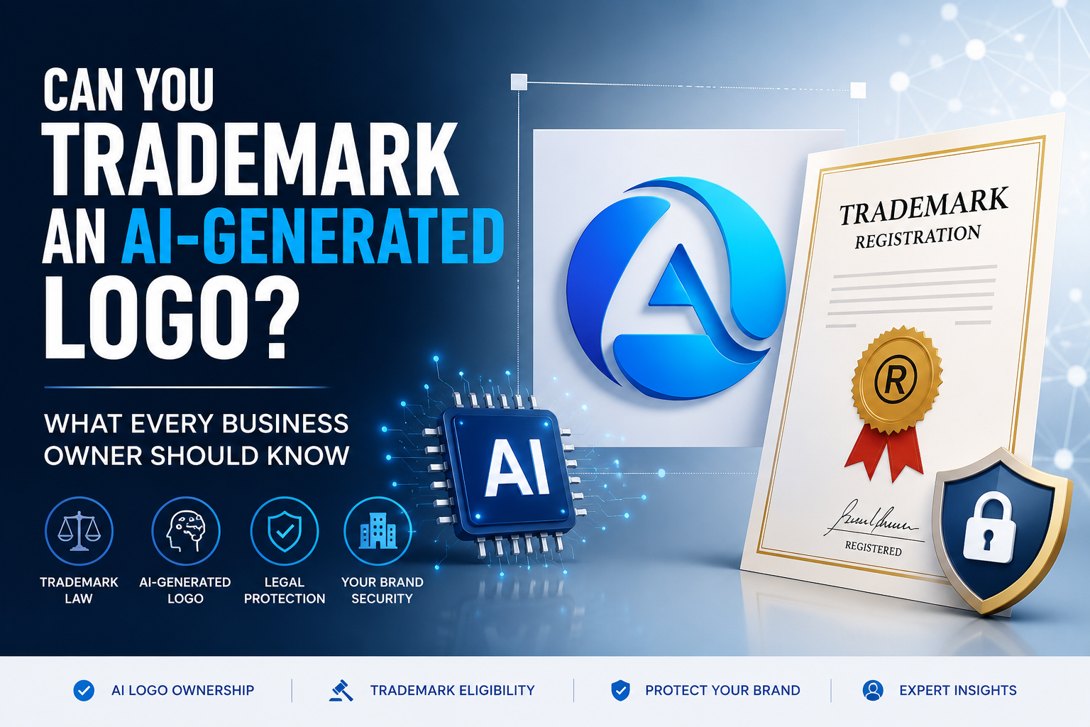 Can You Trademark an AI-Generated Logo? Professional illustration showing AI logo, trademark certificate, and brand protection concepts.