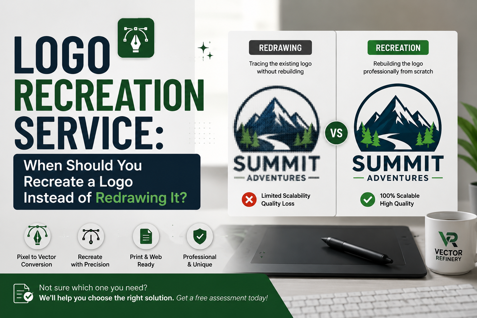 Professional comparison showing logo redrawing vs logo recreation, explaining when a logo should be recreated for clean, scalable, print-ready vector artwork.