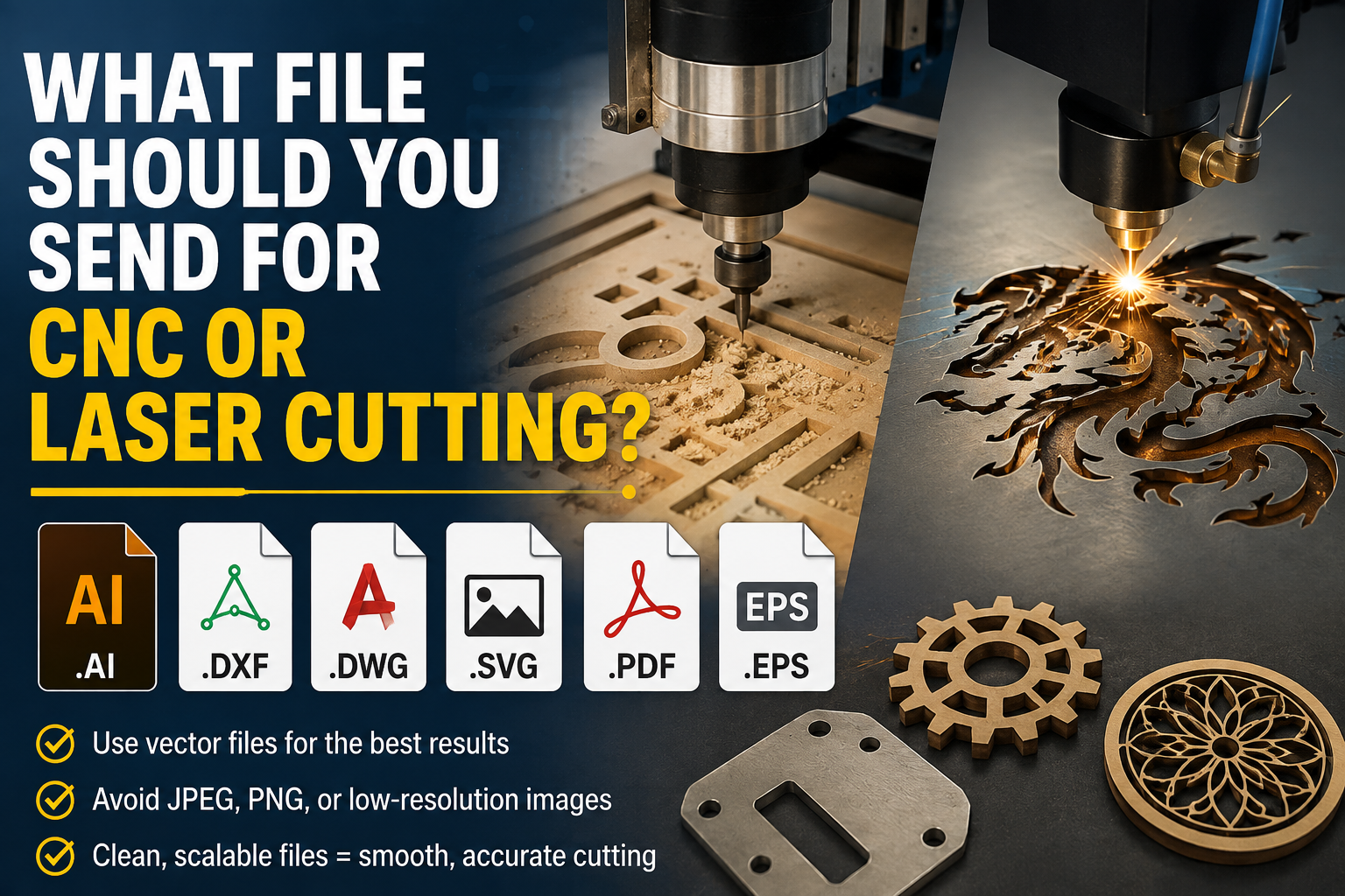 Best vector file formats for CNC or laser cutting including AI, DXF, DWG, SVG, PDF, and EPS
