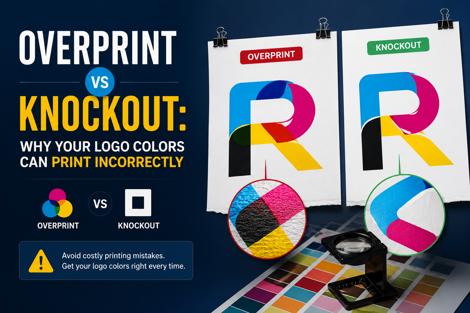Overprint vs knockout comparison showing why logo colors can print incorrectly
