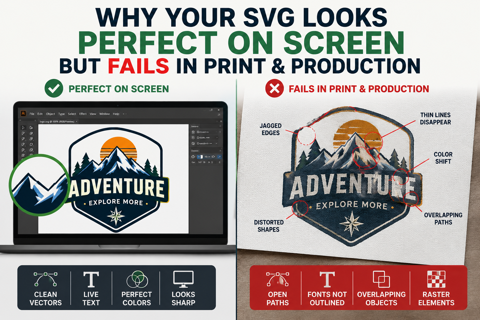 SVG looks perfect on screen but fails in print and production due to open paths, unoutlined fonts, overlapping objects, and raster elements