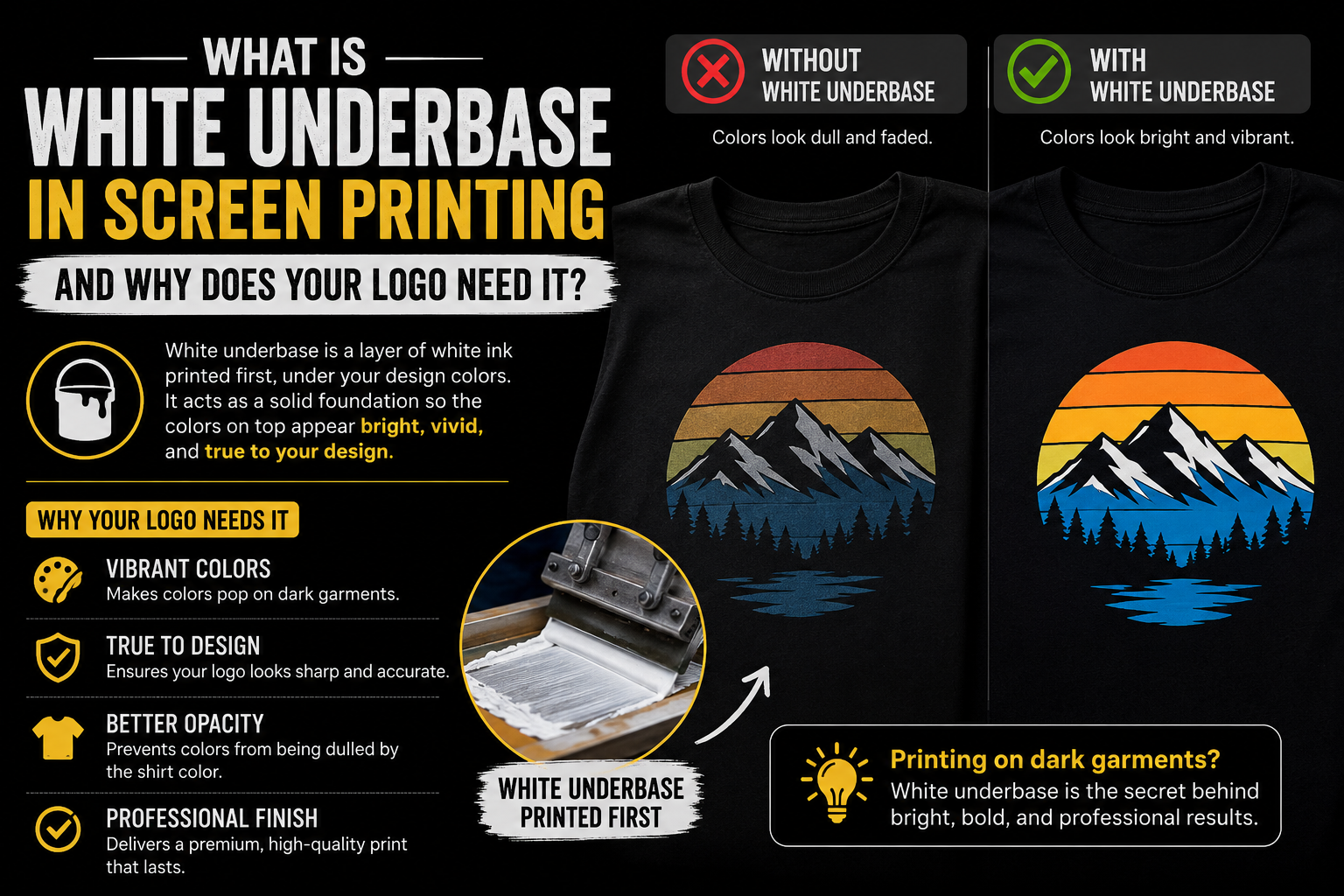 White underbase in screen printing showing the difference between logo colors printed with and without a white underbase on dark shirts