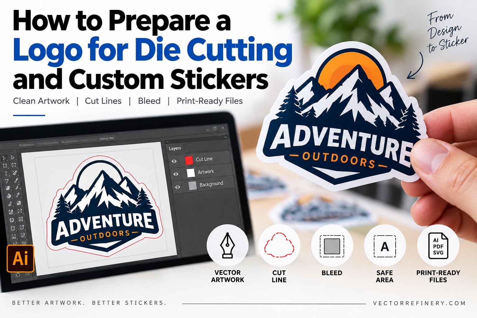 Logo for die cutting and custom stickers showing vector artwork, cut line, bleed, safe area, and print-ready files