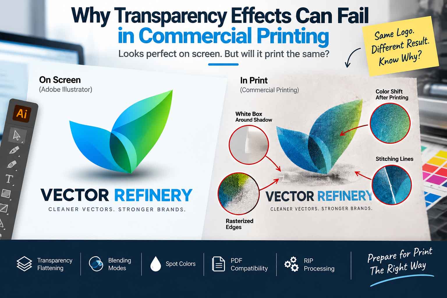 Transparency effects in commercial printing showing color shifts, rasterized edges and stitching lines