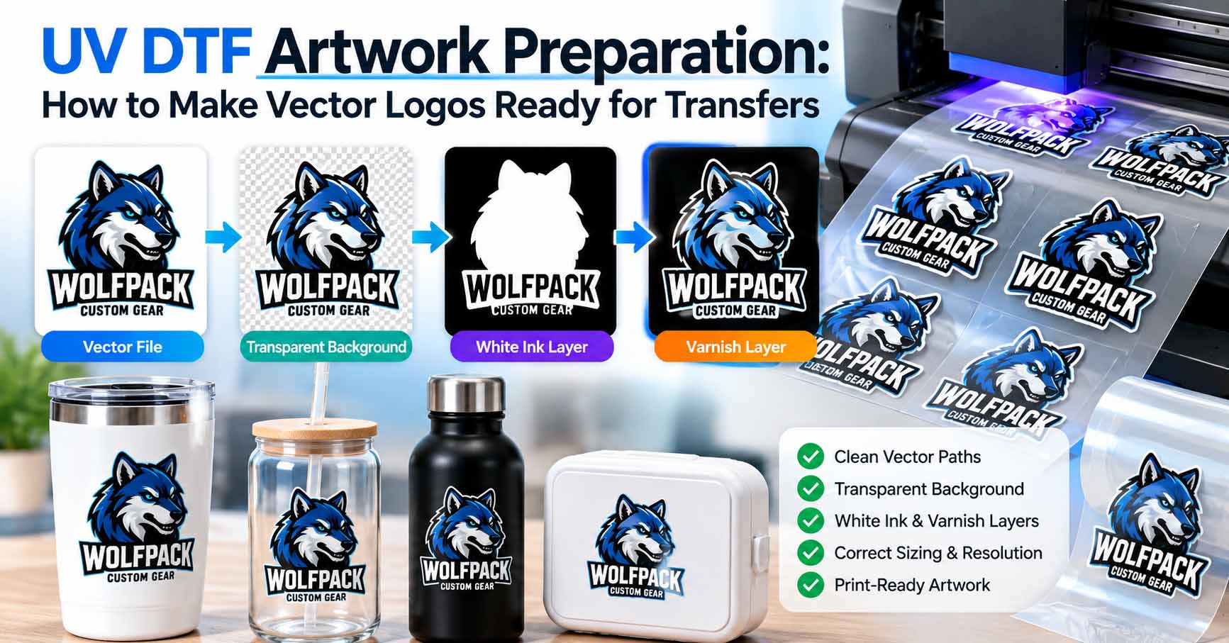 UV DTF artwork preparation showing vector logo, transparent background, white ink and varnish layers for custom product transfers.