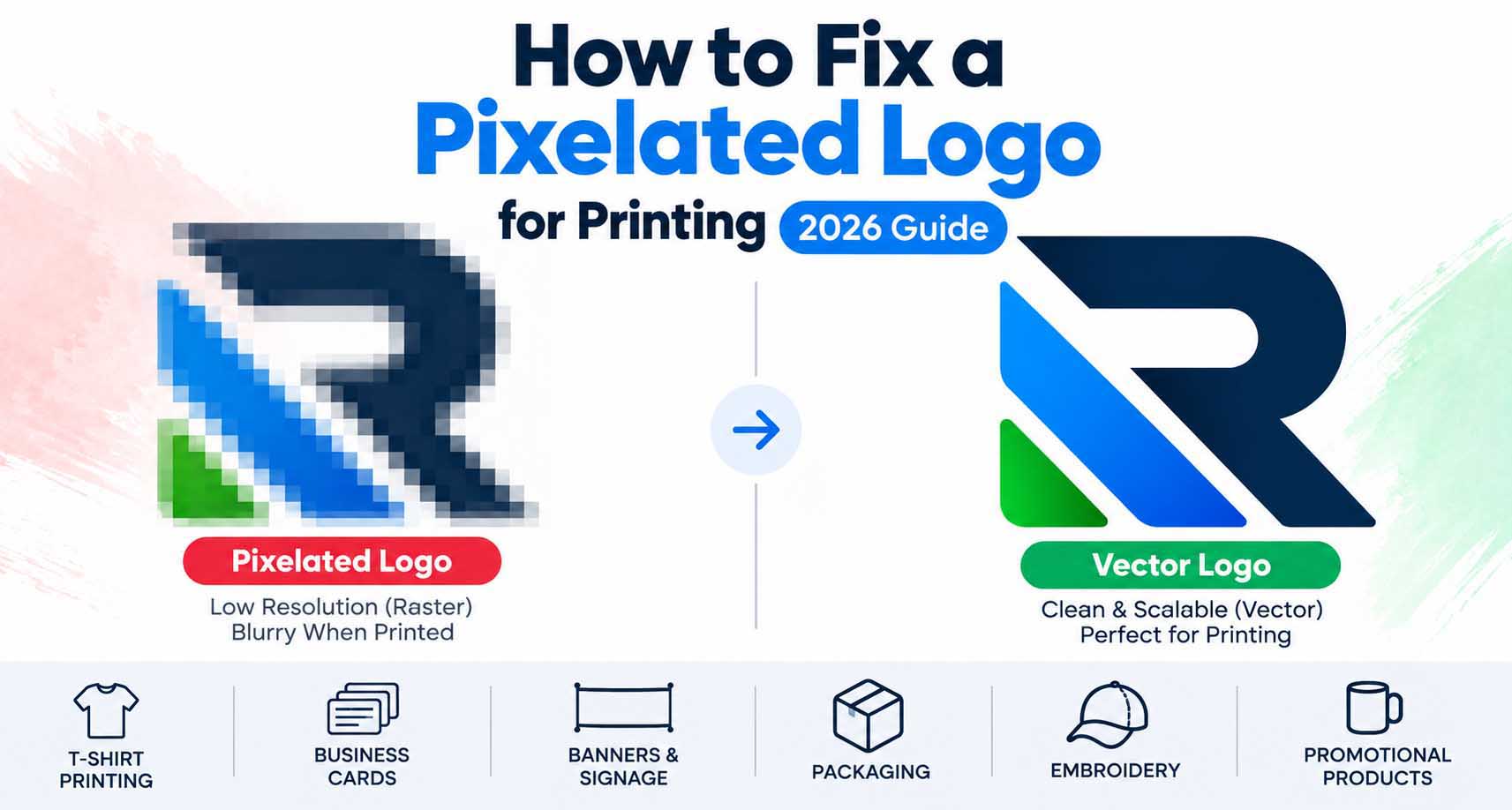 How to fix a pixelated logo for printing – blurry raster logo vs clean vector logo comparison